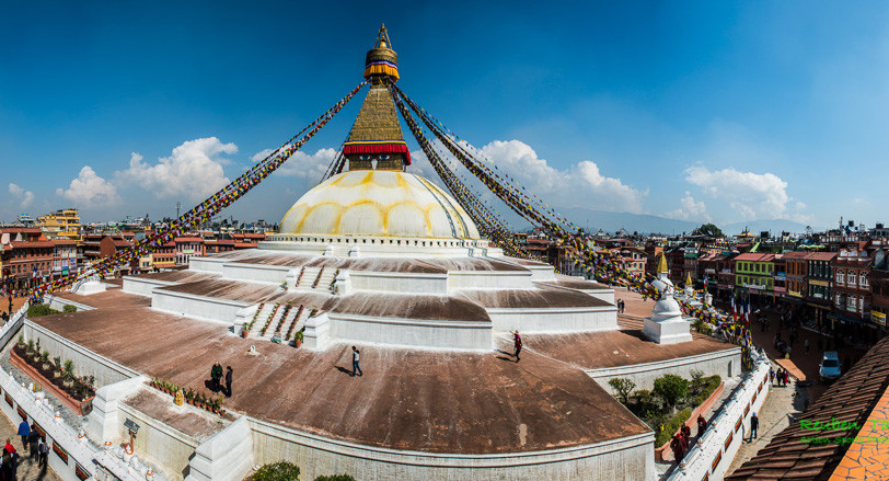 A panoramic view of the Boudhanath Stupa.